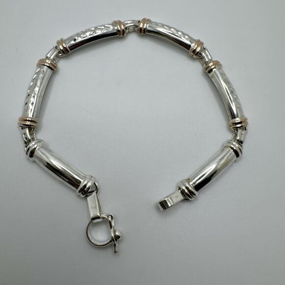 Designer Peruvian Sterling Silver 950 and 18K Gold Inlay Bracelet - 7.5” - Picture 2 of 6